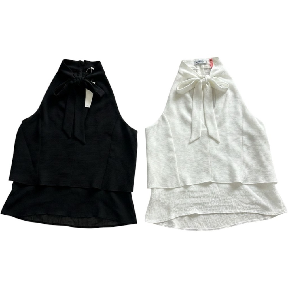 Zara Womens Tiered Black White Tops Chiffon Sheer‎ Front Tie VNeck Small Bundle